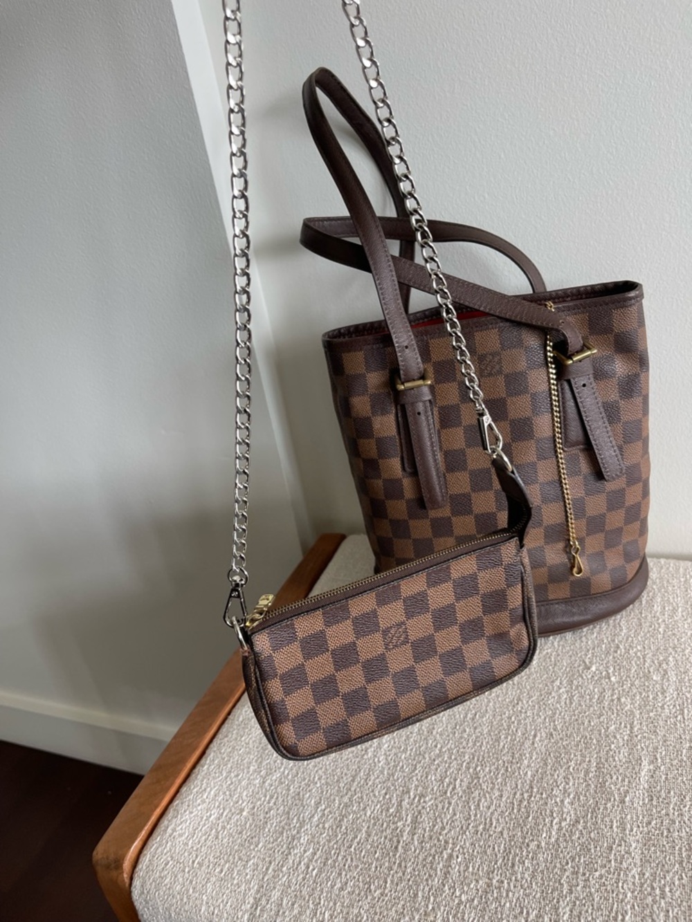 Louis Vuitton Brown Check Bucket Pochette Accessories Pouch Wristlet only